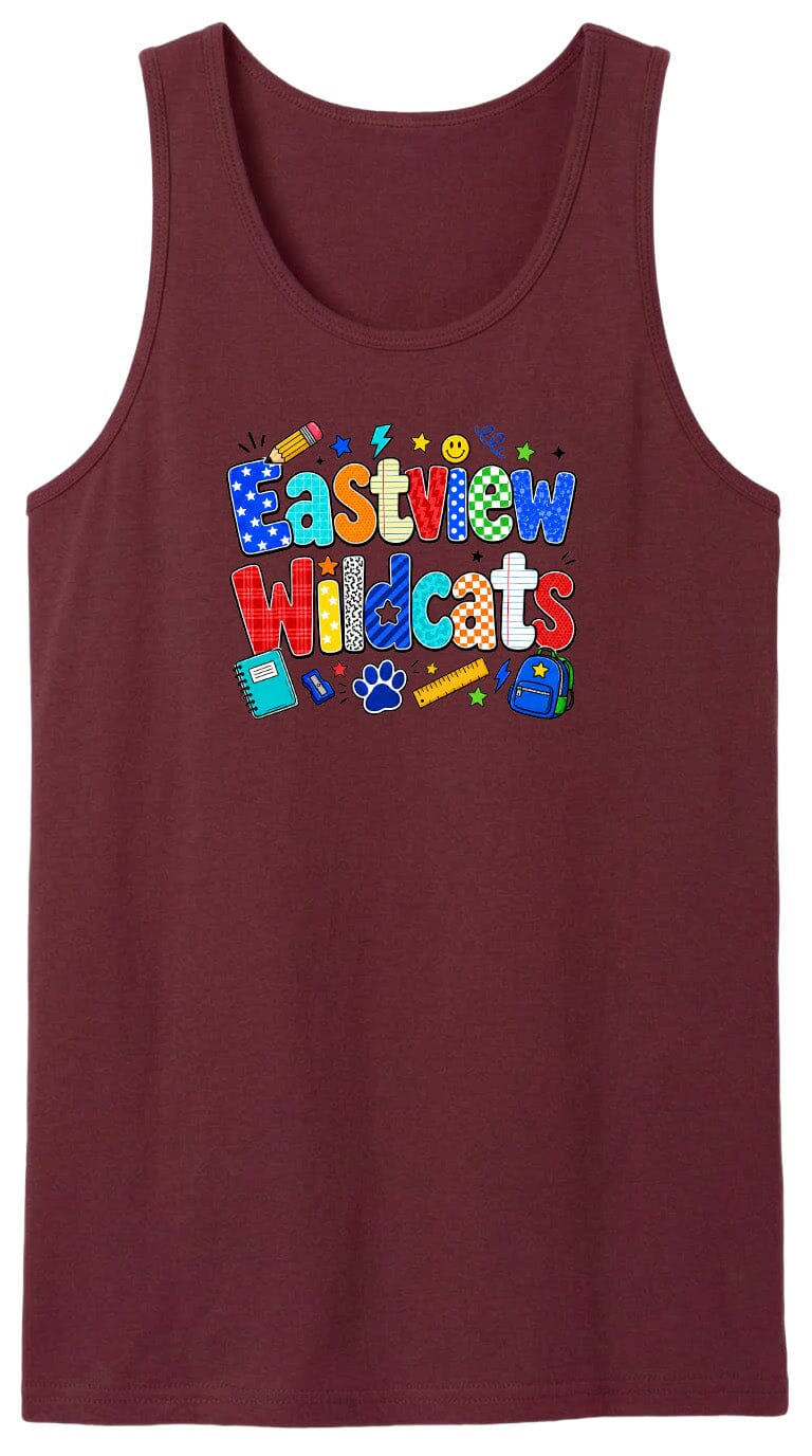 A burgundy tank top with the text "Eastview Wildcats" printed on it.