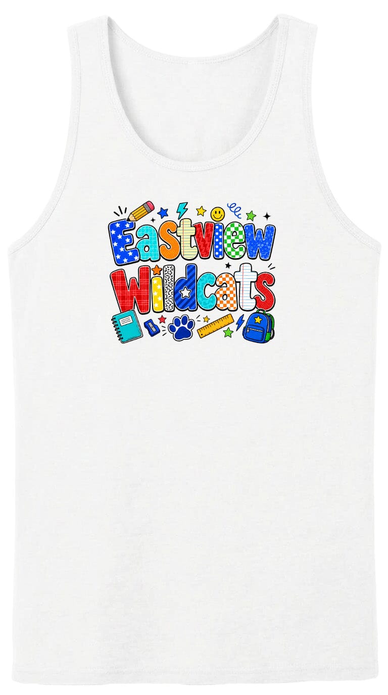 A white tank top with a colorful graphic design featuring the text "Eastview Wildcats" surrounded by various school-related icons and objects.
