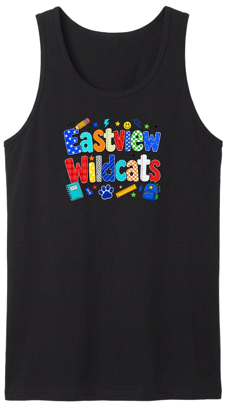 A black tank top with the text "Eastview Wildcats" printed on it in a colorful, playful font.