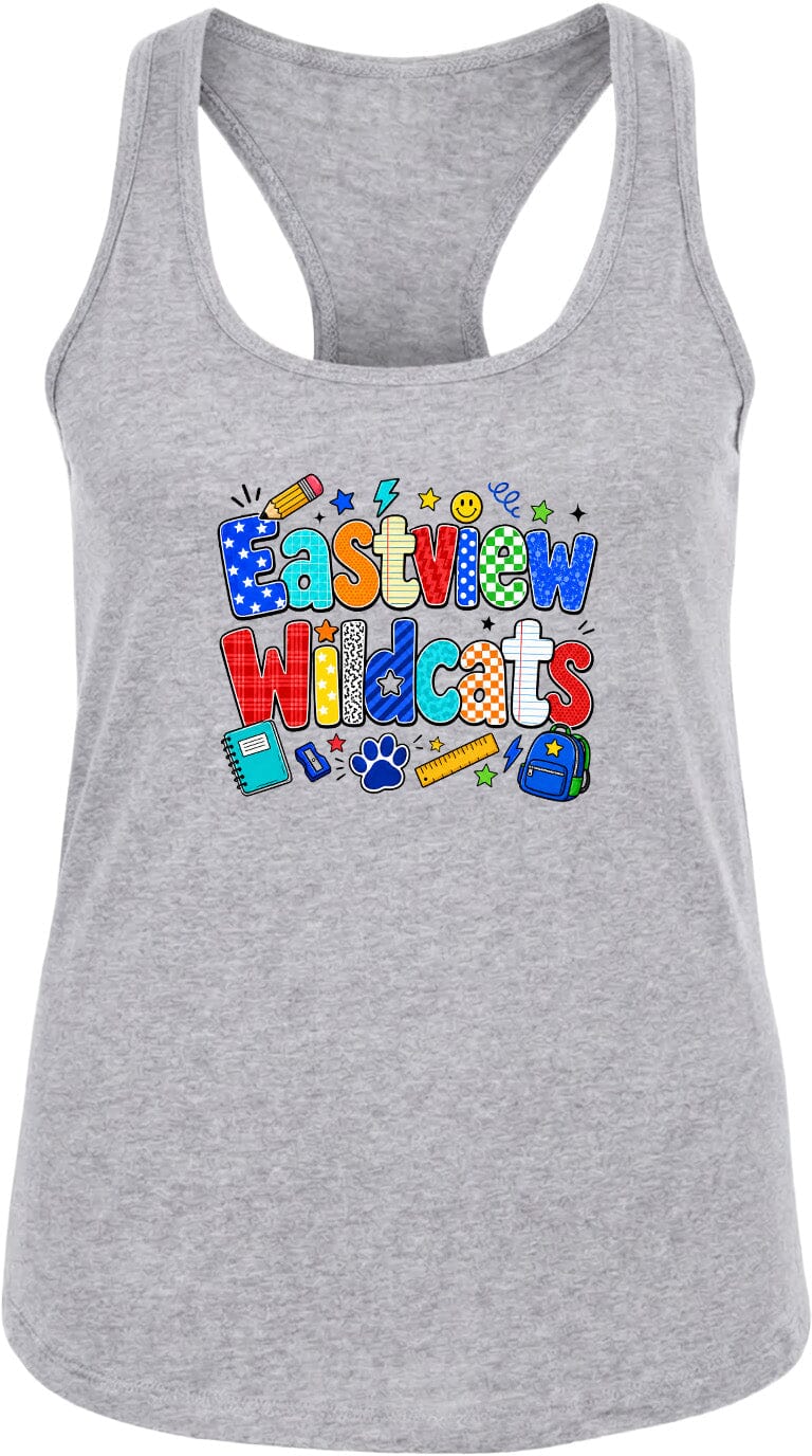A gray tank top with a colorful graphic design featuring the text "Eastview Wildcats" and various school-related icons such as a pencil, backpack, and calculator.