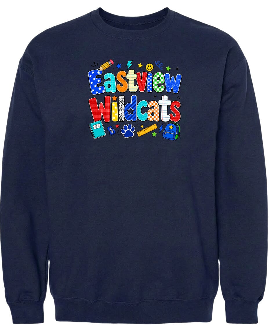 A navy blue sweatshirt with a colorful graphic design featuring the text "Eastview Wildcats" and various school-related icons such as a pencil, backpack, and book.