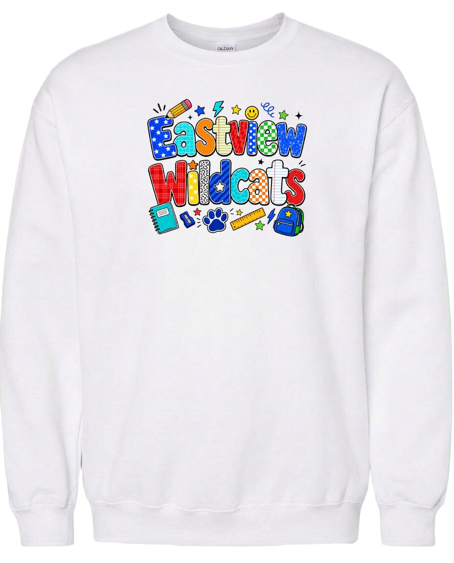 A white sweatshirt with a colorful graphic design featuring the text "Eastview Wildcats" and various school-related icons such as a backpack, pencil, and eraser.