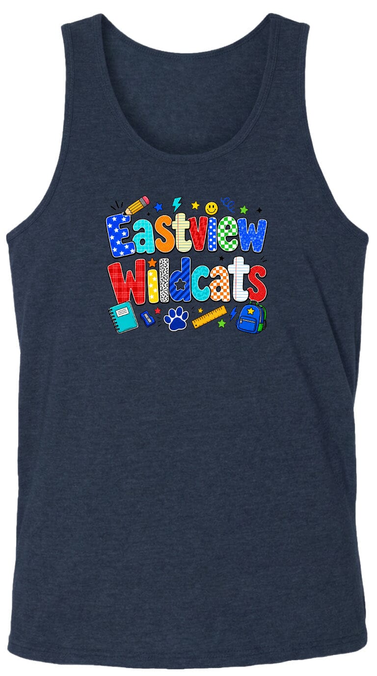A dark blue tank top with a colorful graphic design featuring the text "Eastview Wildcats" and various school-related icons such as a pencil, backpack, and calculator.