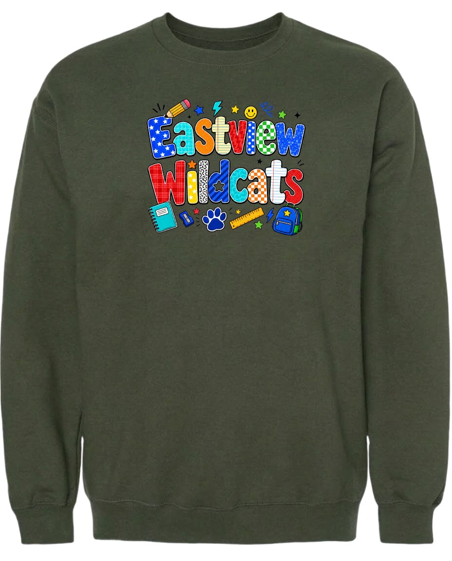 A dark green sweatshirt with a colorful graphic design featuring the text "Eastview Wildcats" and various school-related icons such as a pencil, backpack, and ruler.