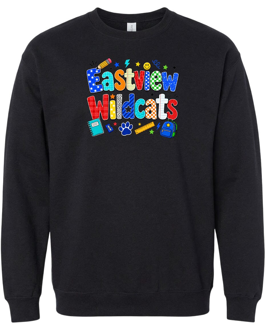 A black sweatshirt with a colorful graphic design featuring the text "Eastview Wildcats" and various school-related icons such as a pencil, backpack, and calculator.