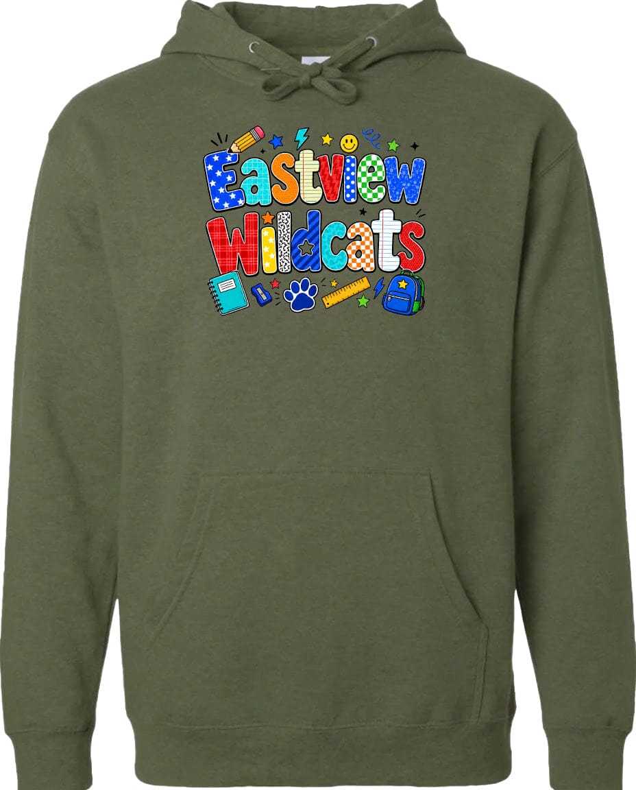 A green hoodie with a colorful graphic design featuring the text "Eastview Wildcats" and various school-related icons such as a backpack, pencil, and ruler.