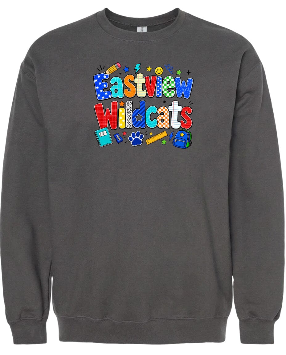 A gray sweatshirt with a colorful graphic design featuring the text "Eastview Wildcats" and various school-related icons such as a pencil, backpack, and book.
