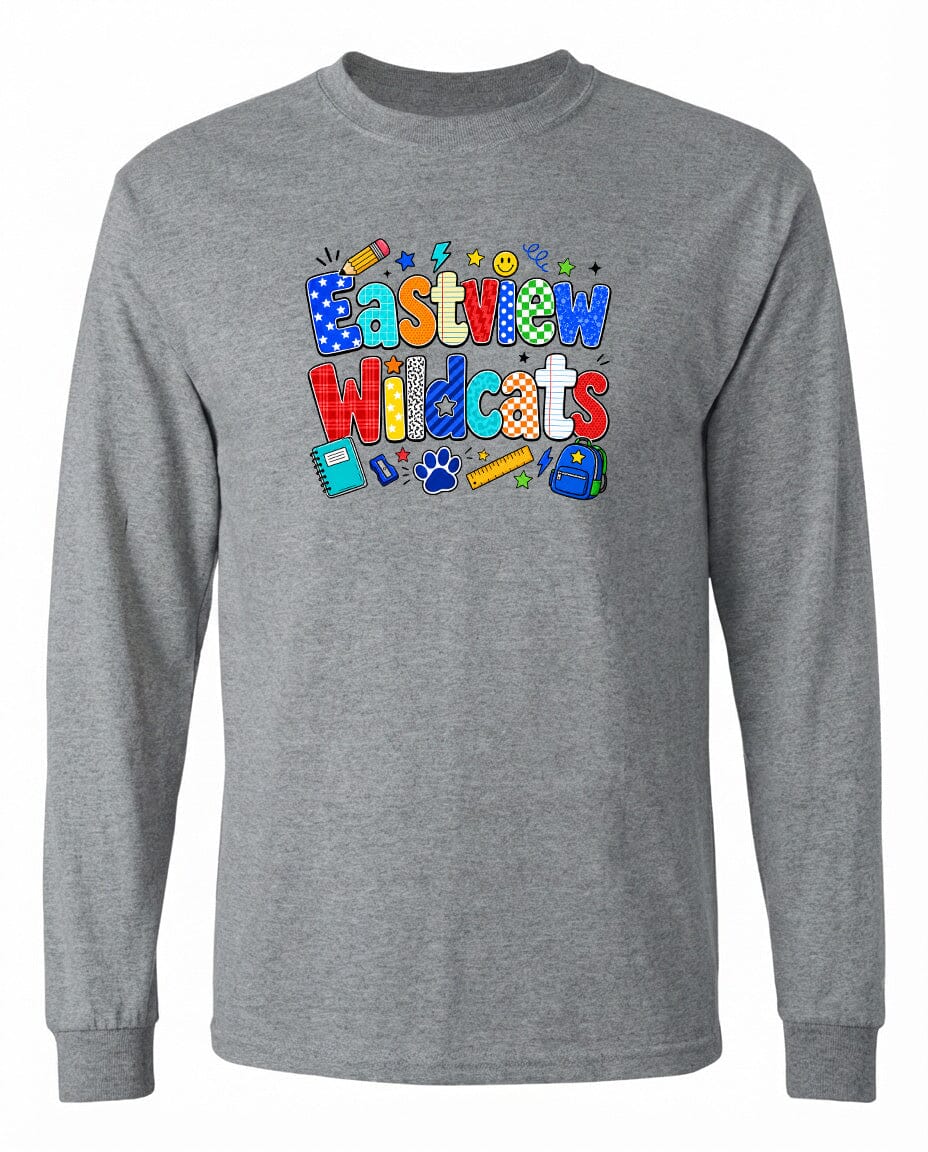 A gray long-sleeved shirt with a colorful graphic design featuring the text "Eastview Wildcats" and various school-related icons such as a backpack, pencil, and book.