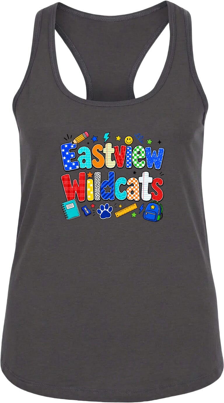 A gray tank top with a colorful graphic design featuring the text "Eastview Wildcats" and various school-related icons such as a backpack, pencil, and ruler.