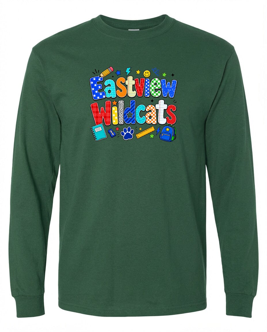 A green long-sleeved shirt with a colorful graphic design featuring the text "Eastview Wildcats" and various school-related icons such as a backpack, pencil, and book.