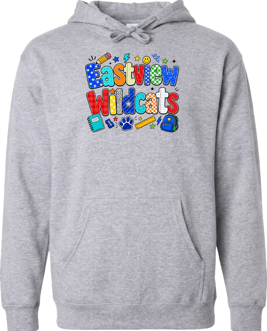 A gray hoodie with a colorful graphic design featuring the text "Eastview Wildcats" and various school-related icons such as a backpack, pencil, and book.
