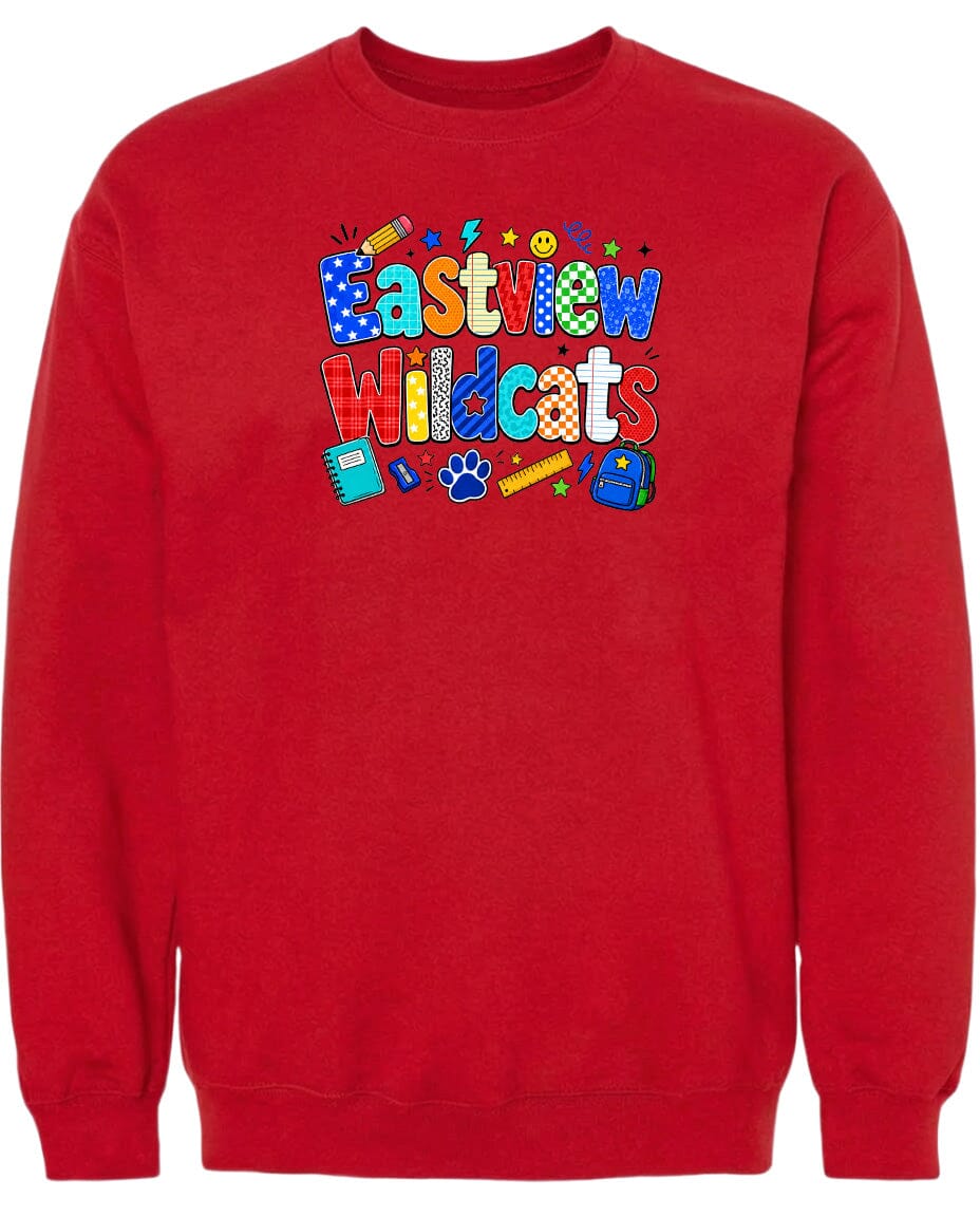A red sweatshirt with the text "Eastview Wildcats" printed on it.