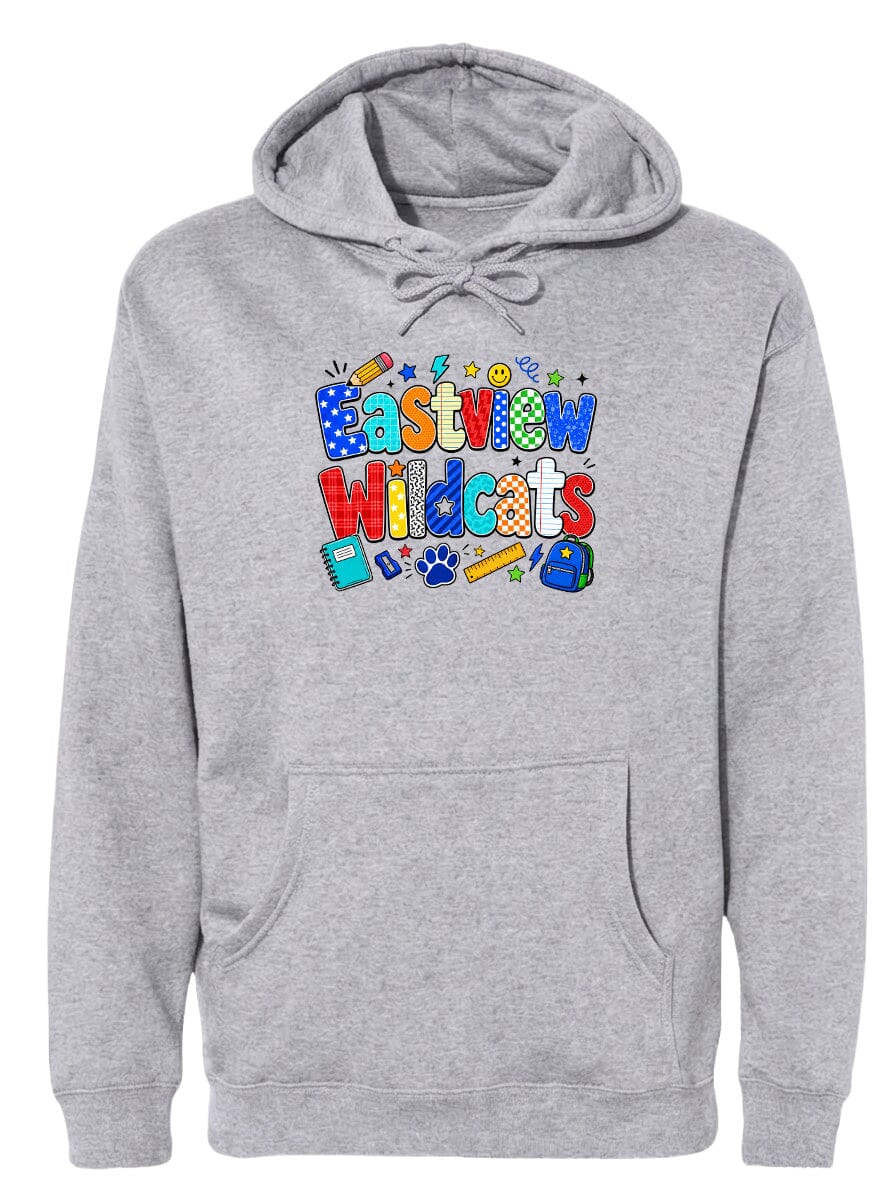 A gray hoodie with a colorful graphic design featuring the text "Eastview Wildcats" and various school-related icons.