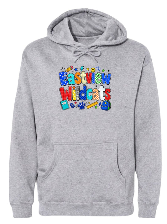 A gray hoodie with a colorful graphic design featuring the text "Eastview Wildcats" and various school-related icons.