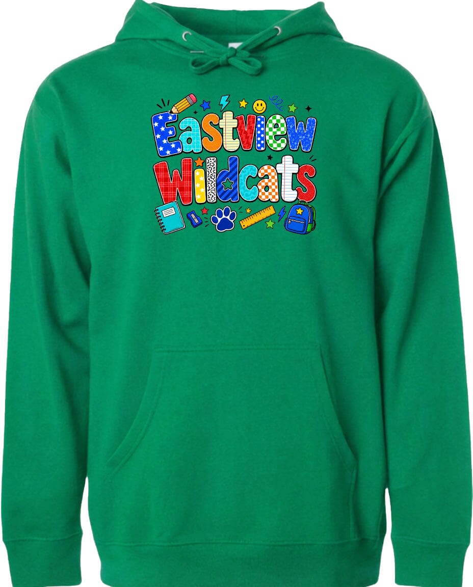 A bright green hoodie with the text "Eastview Wildcats" printed on it.