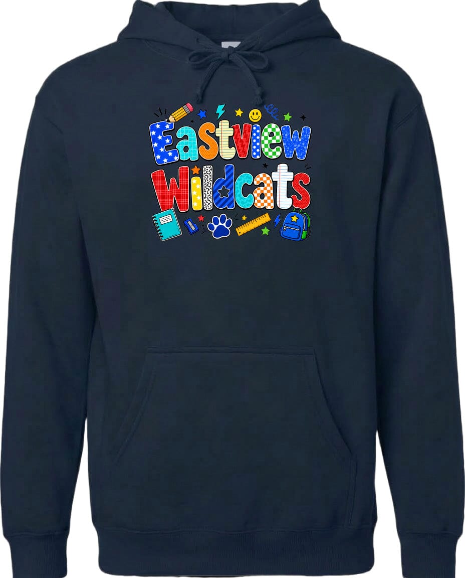 A navy blue hoodie with a colorful graphic design featuring the text "Eastview Wildcats" and various school-related icons such as a backpack, pencil, and book.