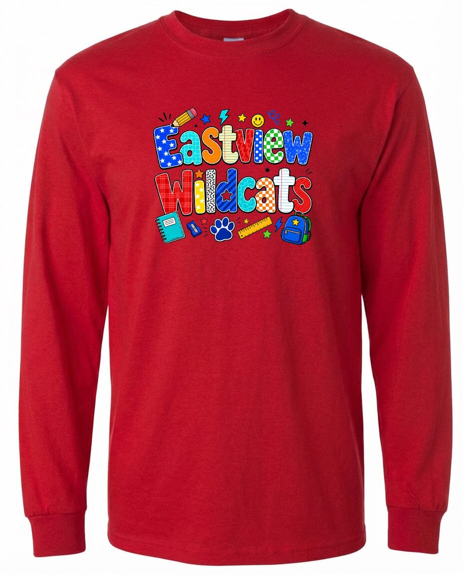 A red long-sleeved t-shirt with a colorful graphic design featuring the text "Eastview Wildcats" and various school-related icons such as a backpack, pencil, and book.
