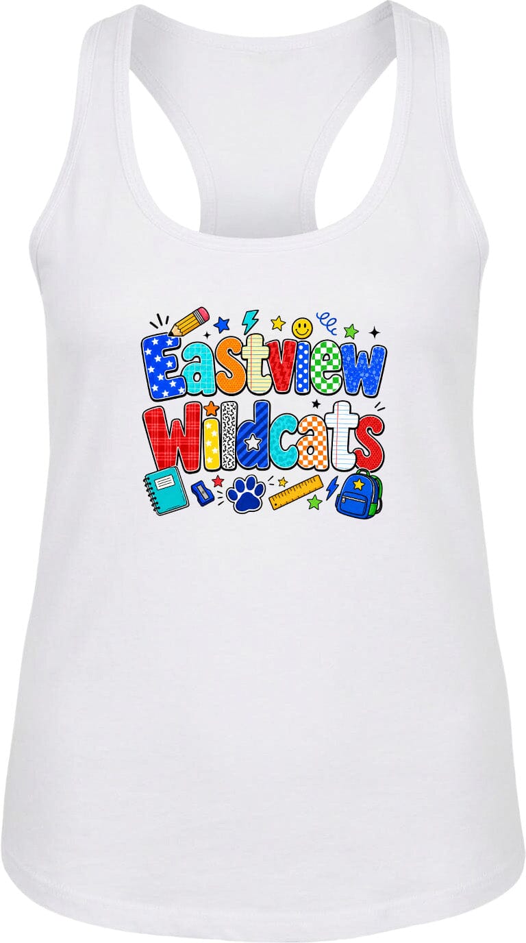 A white tank top with a colorful graphic design featuring the text "Eastview Wildcats" surrounded by various school-related icons and objects.