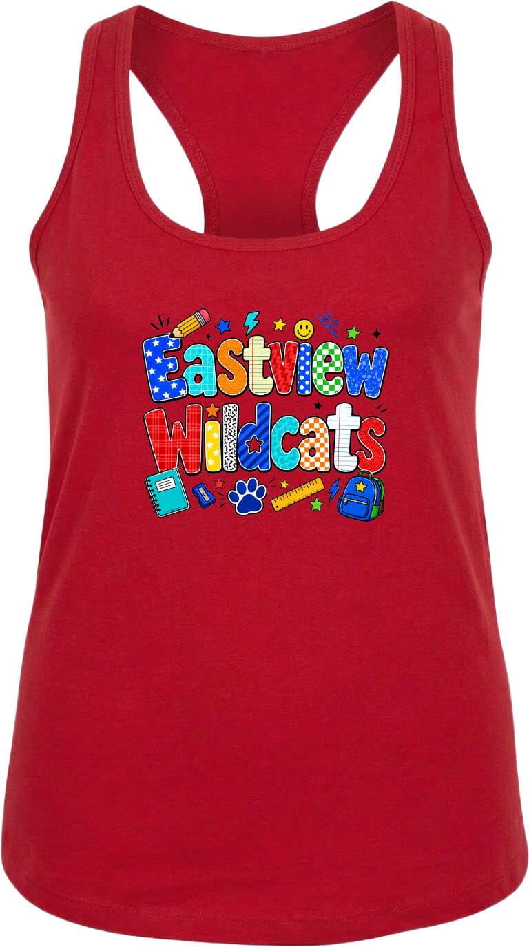 A red tank top with the text "Eastview Wildcats" printed on it.