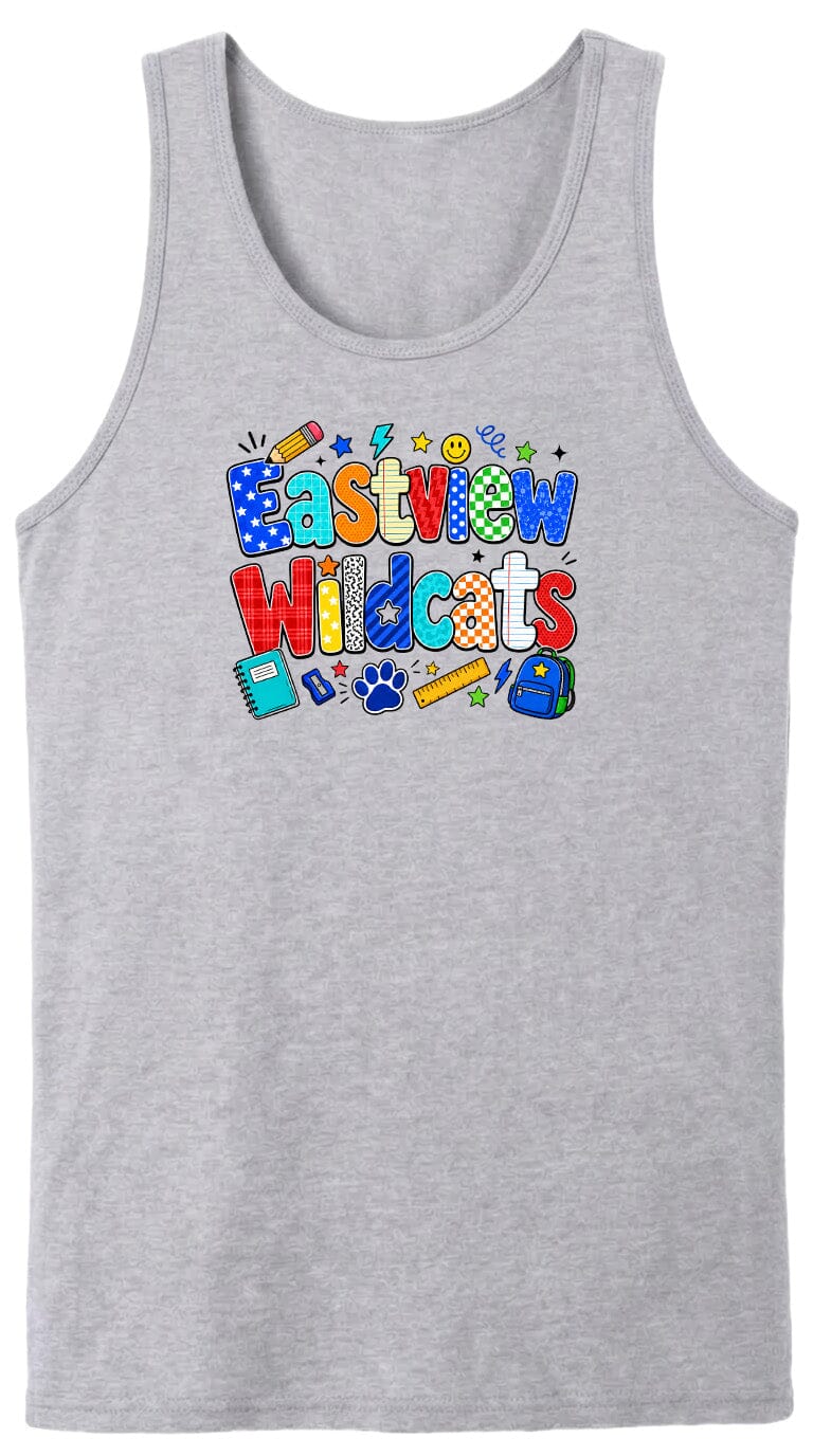 A gray tank top with a colorful graphic design featuring the text "Eastview Wildcats" and various school-related icons such as a pencil, backpack, and book.