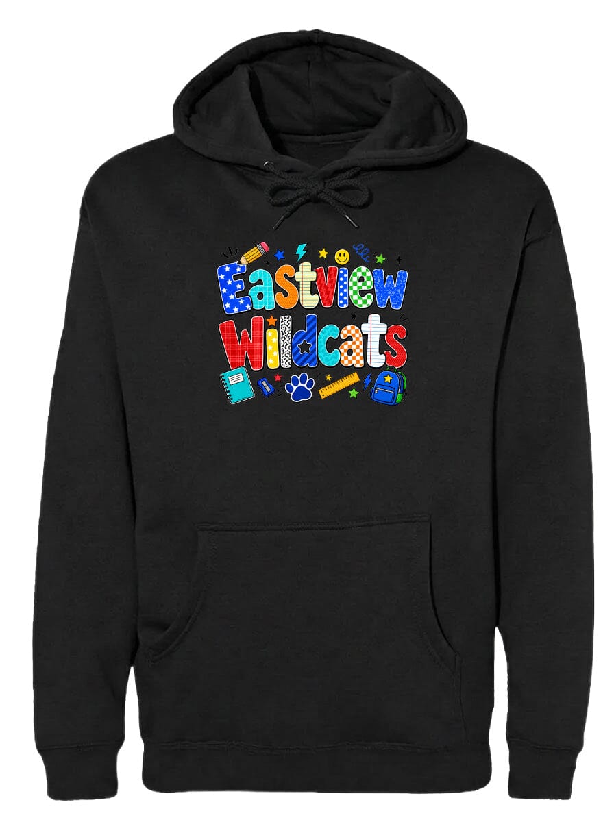 A black hoodie with a colorful graphic design featuring the text "Eastview Wildcats" and various school-related icons such as a backpack, pencil, and book.