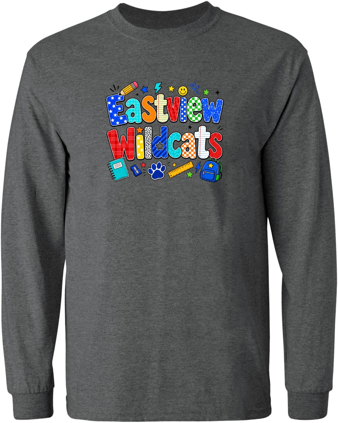 A gray long-sleeved shirt with a colorful graphic design featuring the text "Eastview Wildcats" and various school-related icons such as a backpack, pencil, ruler, and smiley face.
