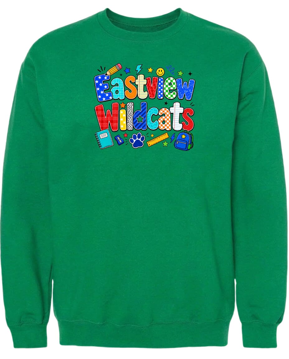 A bright green sweatshirt with the text "Eastview Wildcats" printed on it.