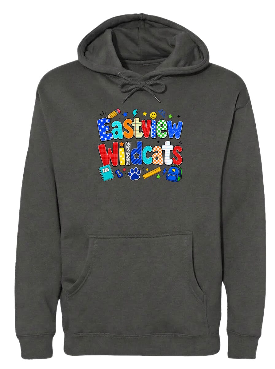 A gray hoodie with a colorful graphic design featuring the text "Eastview Wildcats" and various school-related icons such as a pencil, backpack, and book.
