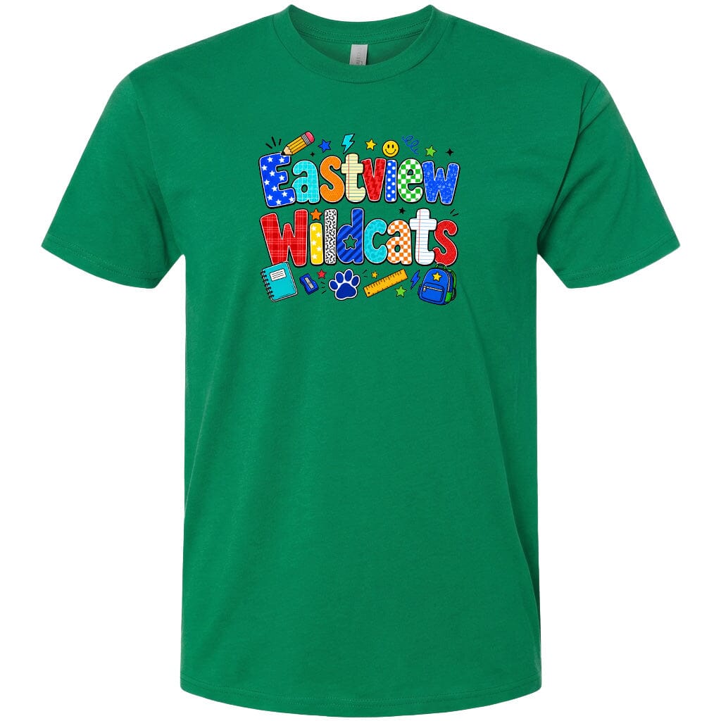 A green t-shirt with the text "Eastview Wildcats" printed on it.