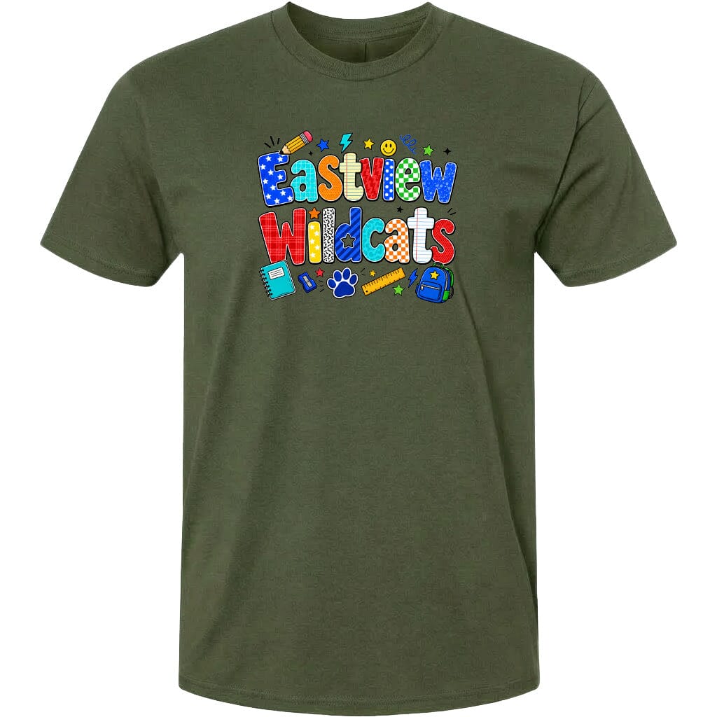A green t-shirt with a colorful graphic design featuring the text "Eastview Wildcats" and various school-related icons such as a pencil, backpack, and book.