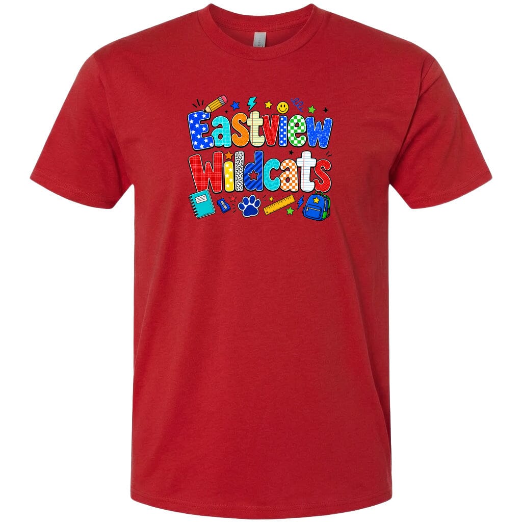 A red t-shirt with a colorful graphic design featuring the text "Eastview Wildcats" and various school-related icons such as a pencil, backpack, and book.