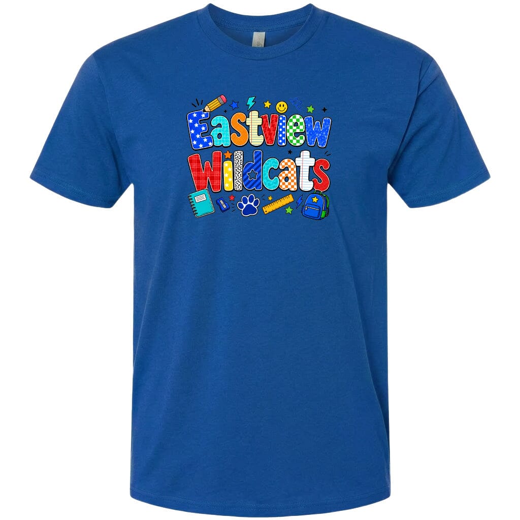 A blue t-shirt with the text "Eastview Wildcats" printed on it.