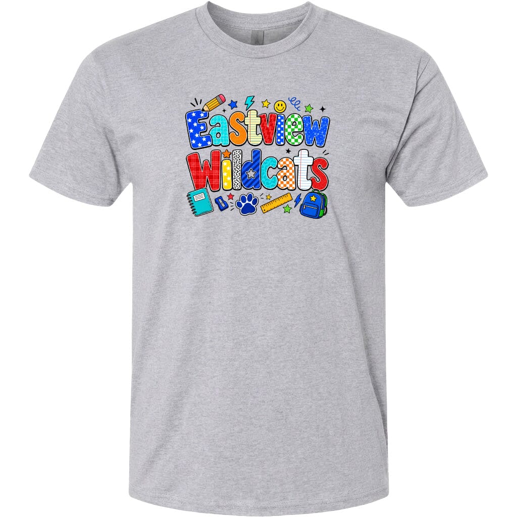 A gray t-shirt with a colorful graphic design featuring the text "Eastview Wildcats" surrounded by various school-related icons and objects.