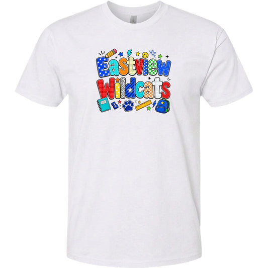 A white t-shirt with a colorful graphic design featuring the text "EASTVIEW WILDCATS" surrounded by various school-related icons and objects.