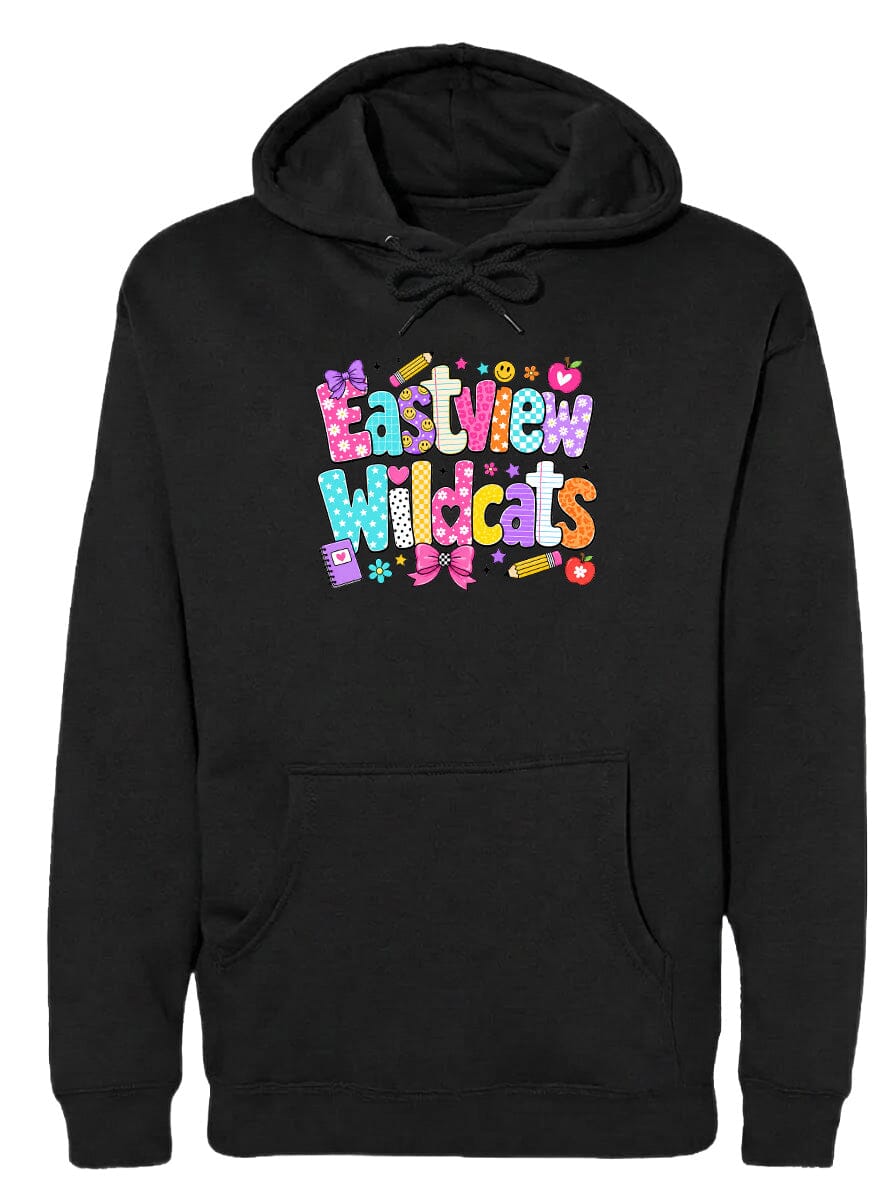A black hoodie with a colorful graphic design featuring the text "Eastview Wildcats" in a playful, cartoon-like font.