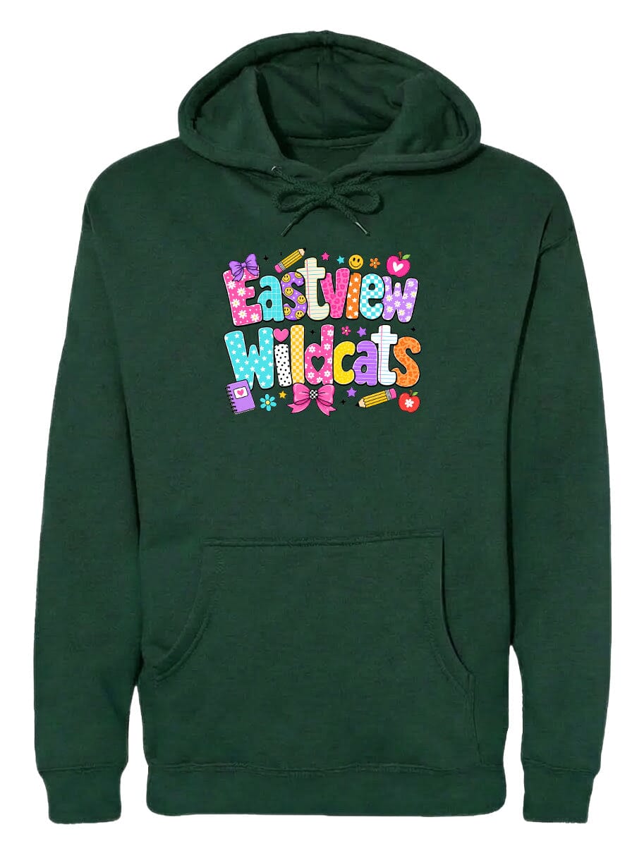 A green hoodie with a colorful graphic design featuring the text "Eastview Wildcats" and various decorative elements.