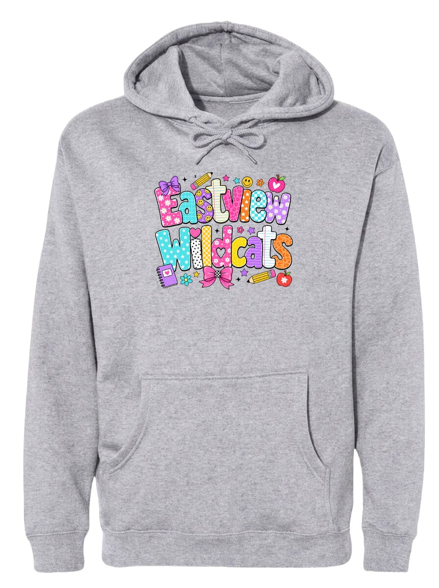A gray hoodie with a colorful graphic design featuring the text "Eastview Wildcats" and various decorative elements.