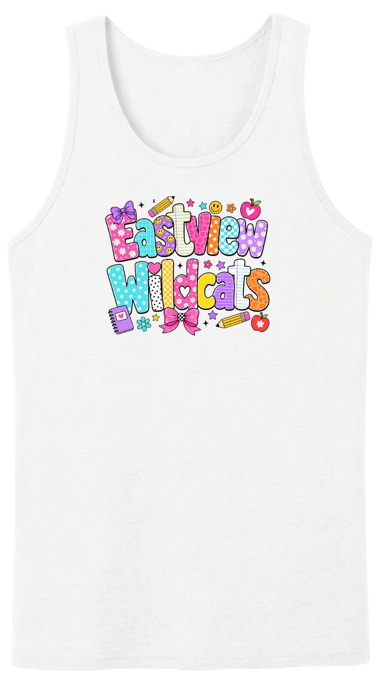 A white tank top with a colorful graphic design featuring the text "Eastview Wildcats" in a playful, cartoon-like font.