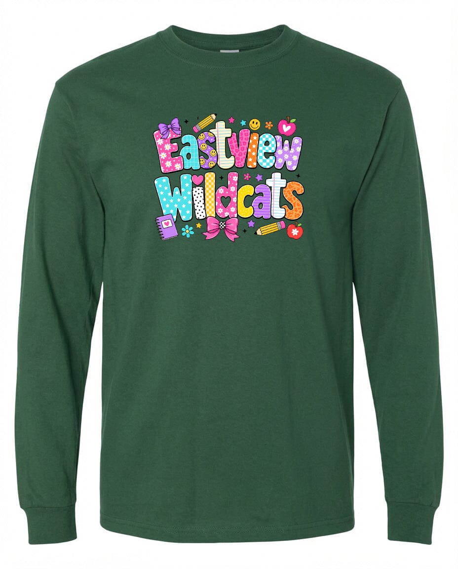 A green long-sleeved shirt with a colorful, playful graphic design featuring the text "Eastview Wildcats" in a vibrant, cartoon-like style.