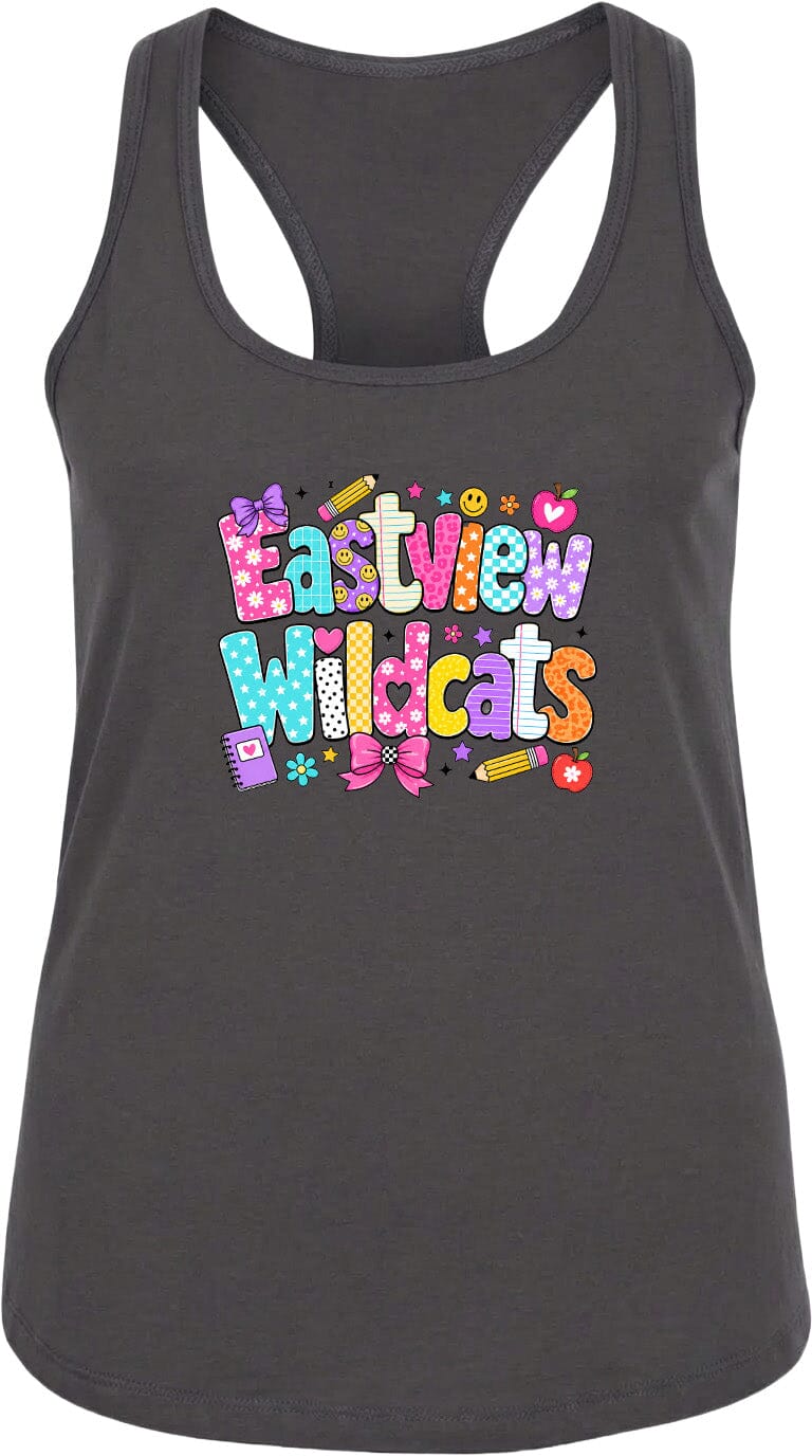 A gray tank top with a colorful graphic design featuring the text "Eastview Wildcats" in a playful, cartoon-like font.