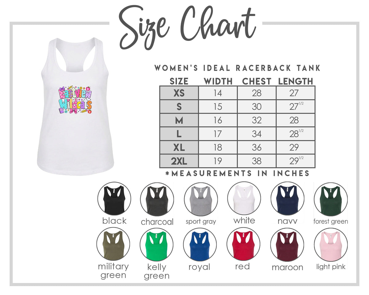 The image is a size chart for a women's ideal racerback tank, including a white tank with a colorful design and a table with size and chest length measurements.