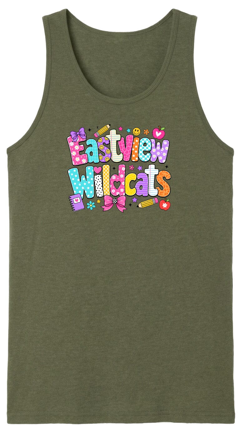 A green tank top with a colorful graphic design featuring the text "Eastview Wildcats" in a playful, cartoon-like font.