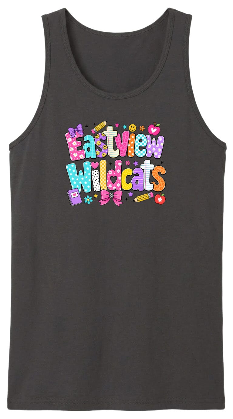 A black tank top with a colorful, playful graphic design featuring the text "Eastview Wildcats" in a vibrant, cartoon-like style.