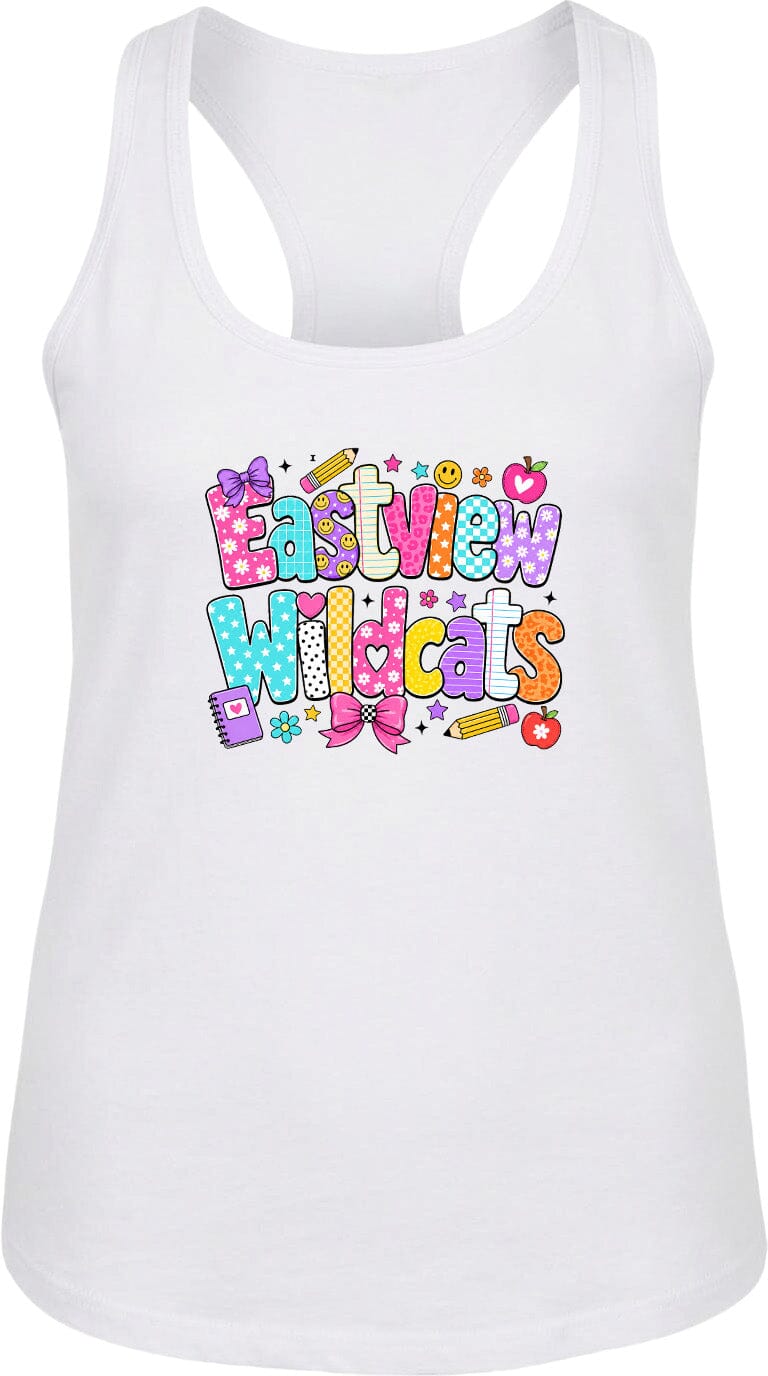 A white tank top with a colorful graphic design featuring the text "Eastview Wildcats" in a playful, cartoon-like font.