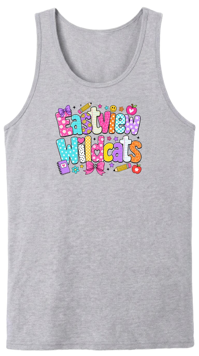 A gray tank top with a colorful graphic design featuring the text "Eastview Wildcats" in a playful, cartoon-like font.