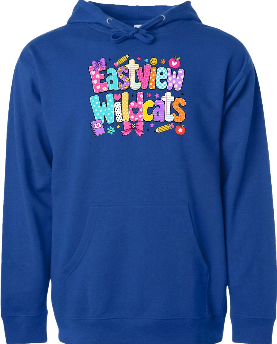 A blue hoodie with a colorful graphic design featuring the text "Eastview Wildcats" and various school-related icons such as pencils, apples, and hearts.