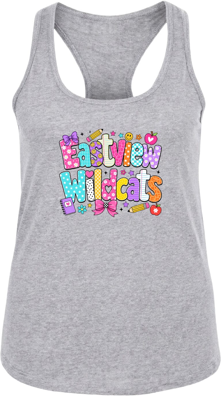 A gray tank top with a colorful graphic design featuring the text "Eastview Wildcats" in a playful, cartoon-like font.