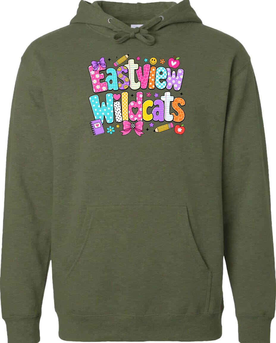 A green hoodie with a colorful graphic design featuring the text "Eastview Wildcats" and various decorative elements such as hearts, flowers, and pencils.