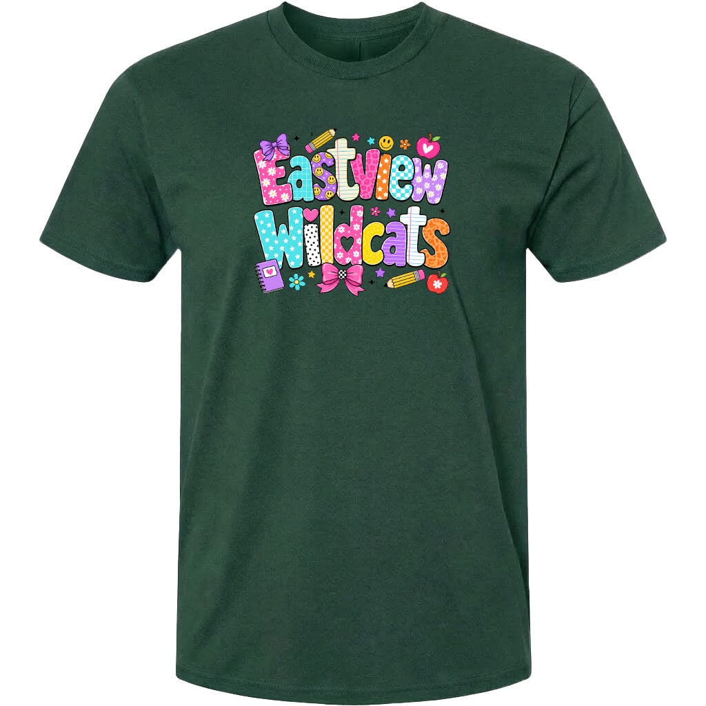 A green t-shirt with a colorful graphic design featuring the text "Eastview Wildcats" and various decorative elements such as hearts, flowers, and stars.