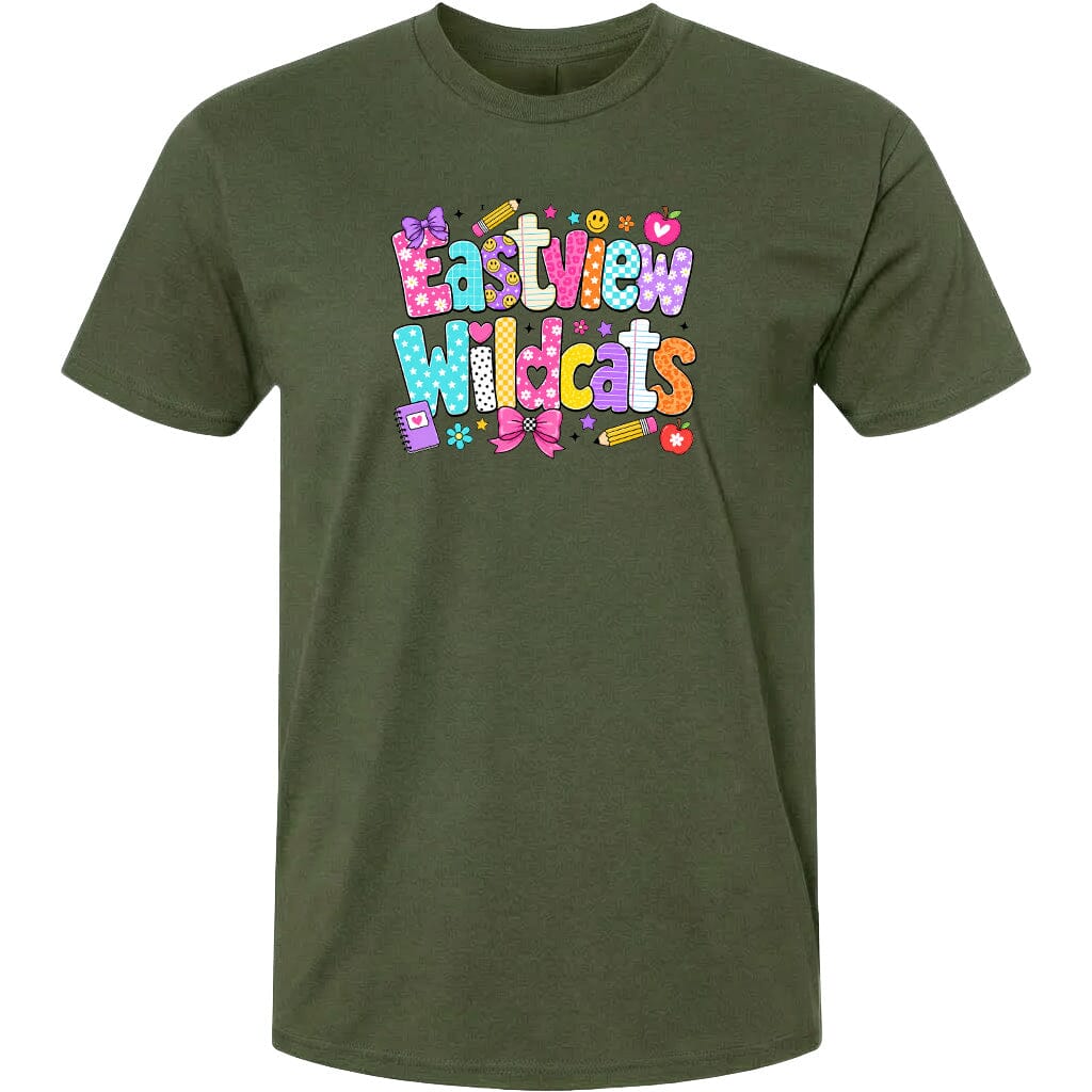 A green t-shirt with a colorful graphic design featuring the text "Eastview Wildcats" and various decorative elements such as hearts, flowers, and stars.